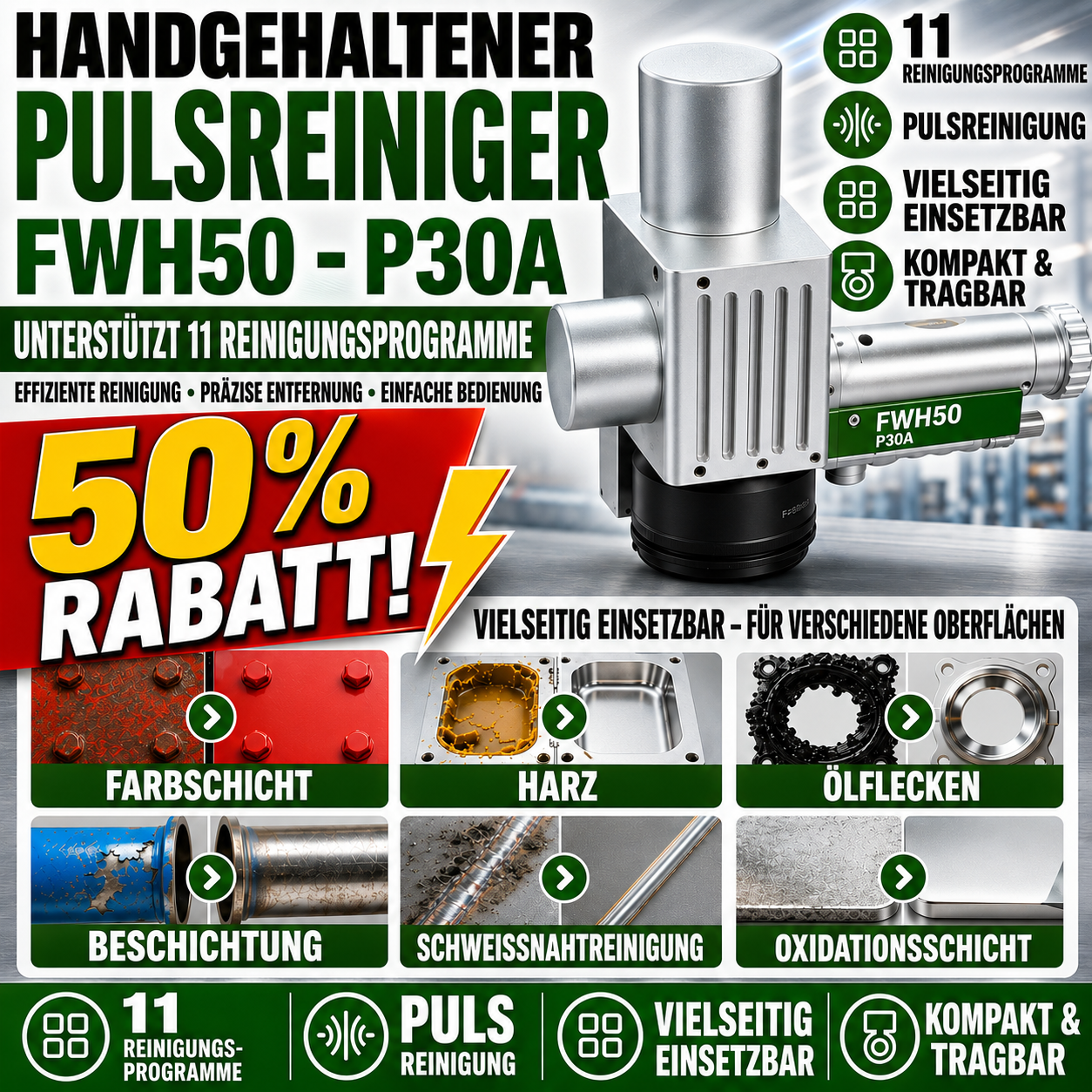 Handgehaltene Pulsenreinigung FWH50-P30A：Unterstützt 11 Reinigungsprogramme und ermöglicht einfaches Umschalten zwischen verschiedenen Prozessen.